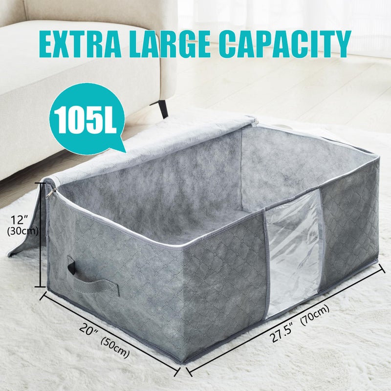 MKOKYD 105L Extra Large Storage Bags for Blankets, King Comforters, Bedding, Clothes, Pillows, Sheets - Closet Organizers and Storage with 4 Handles & Clear Window, Foldable & Breathable (Grey, 4pack) - Image 3
