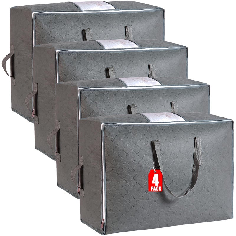 MKOKYD 105L Extra Large Storage Bags for Blankets, King Comforters, Bedding, Clothes, Pillows, Sheets - Closet Organizers and Storage with 4 Handles & Clear Window, Foldable & Breathable (Grey, 4pack) - Image 1