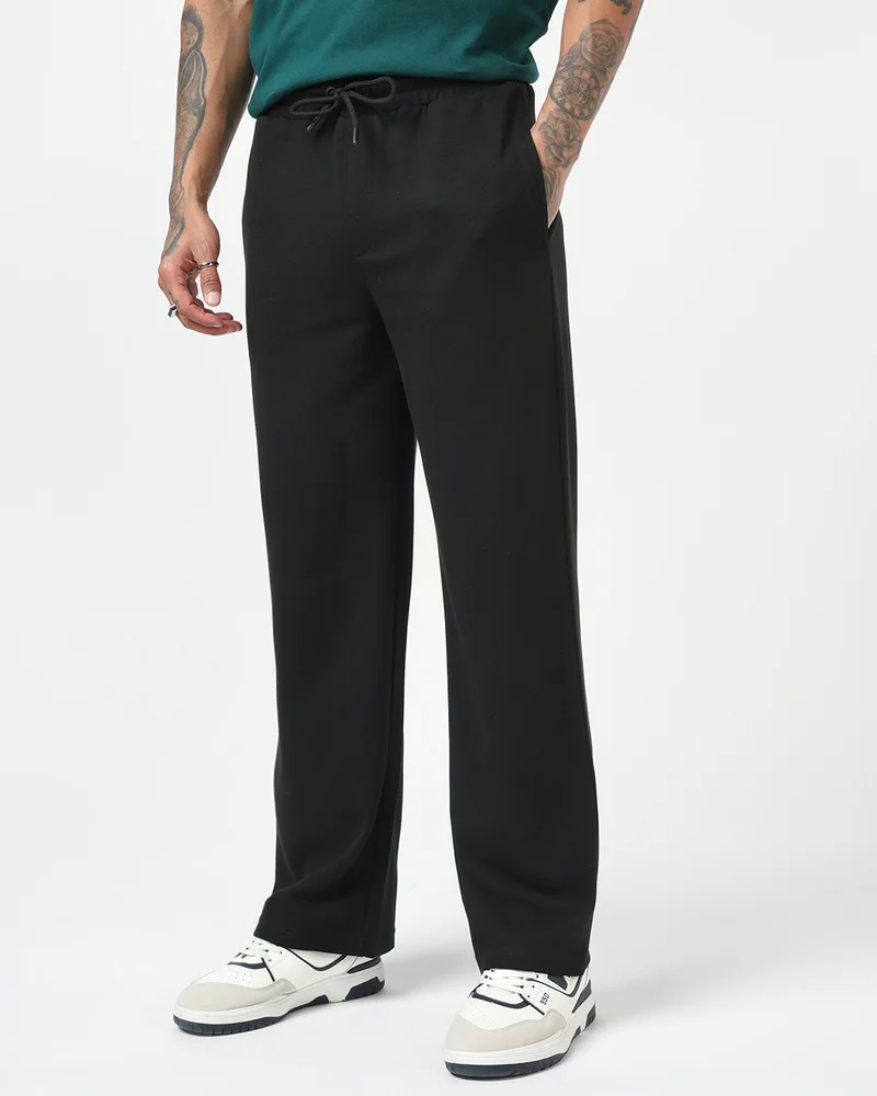 بيواكوف Men's Jet Black Straight Fit Track Pants