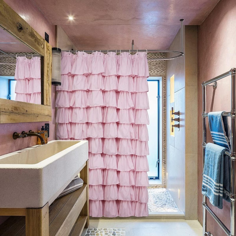 Volens Pink Ruffle Shower Curtain Farmhouse Rustic Fabric Cloth Shower Curtains for Bathroom, 72" x 72" - Image 2