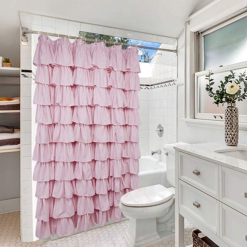 Volens Pink Ruffle Shower Curtain Farmhouse Rustic Fabric Cloth Shower Curtains for Bathroom, 72" x 72" - Image 5