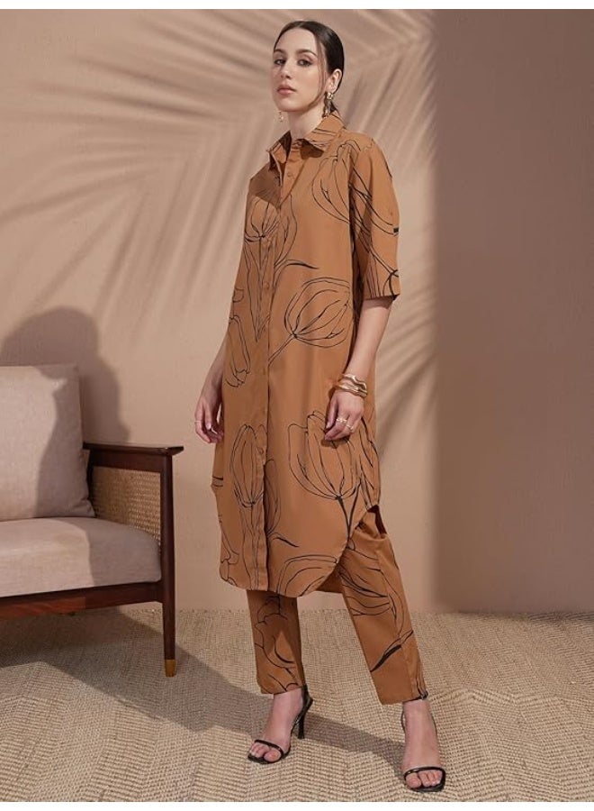 Vishudh Women's Printed Cotton Kurta with Pant Ethnic Set brown (S) - Image 3