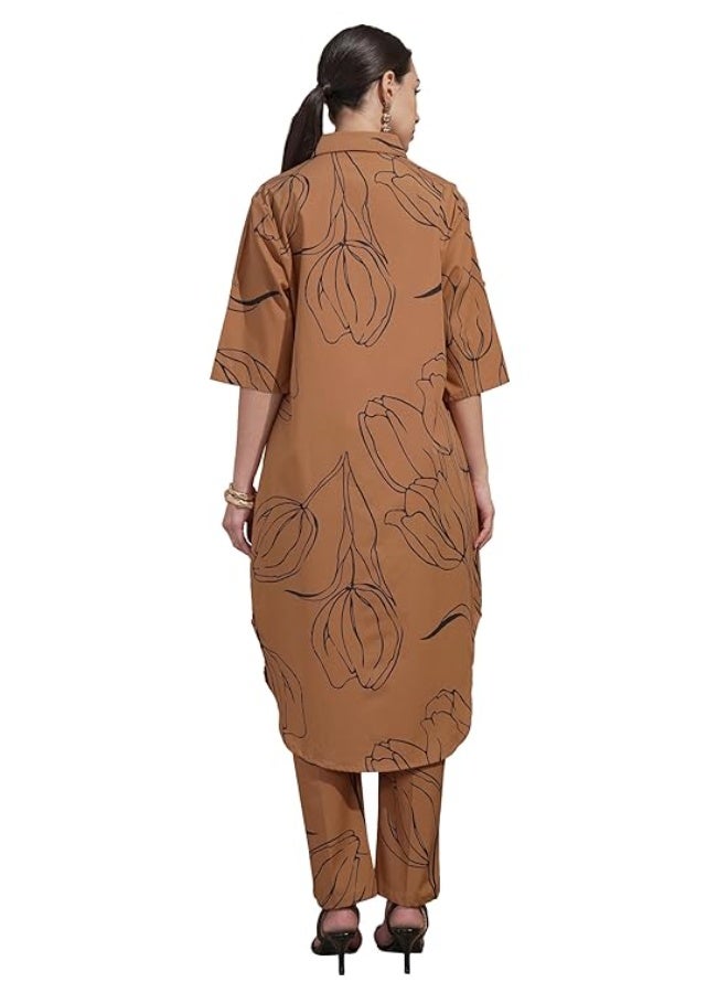 Vishudh Women's Printed Cotton Kurta with Pant Ethnic Set brown (S) - Image 2