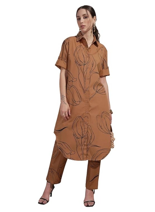 Vishudh Women's Printed Cotton Kurta with Pant Ethnic Set brown (S) - Image 1