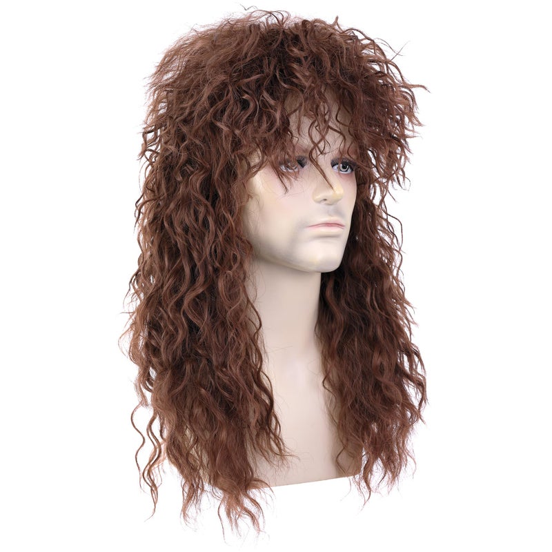 morvally Menâ€™s Women 80s Rockstar Style Long Brown Curly Punk Rock Hair Wig Glam Rock-Rocker Wig Perfect for Halloween, Cosplay, DIY Themed Costume Party - Image 4