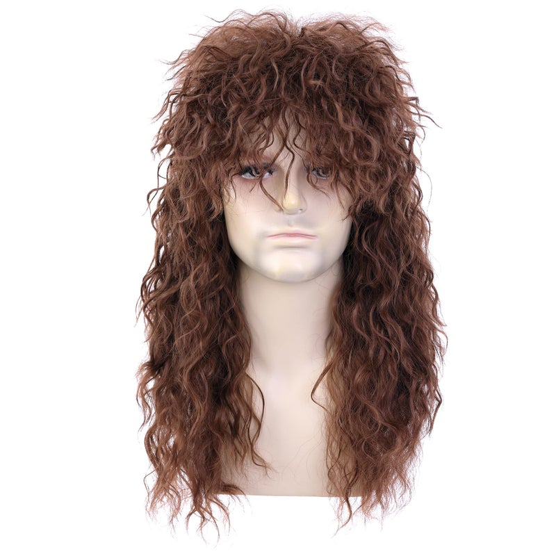 morvally Menâ€™s Women 80s Rockstar Style Long Brown Curly Punk Rock Hair Wig Glam Rock-Rocker Wig Perfect for Halloween, Cosplay, DIY Themed Costume Party - Image 1