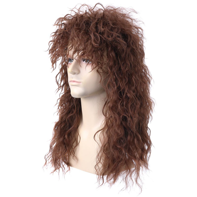 morvally Menâ€™s Women 80s Rockstar Style Long Brown Curly Punk Rock Hair Wig Glam Rock-Rocker Wig Perfect for Halloween, Cosplay, DIY Themed Costume Party - Image 3