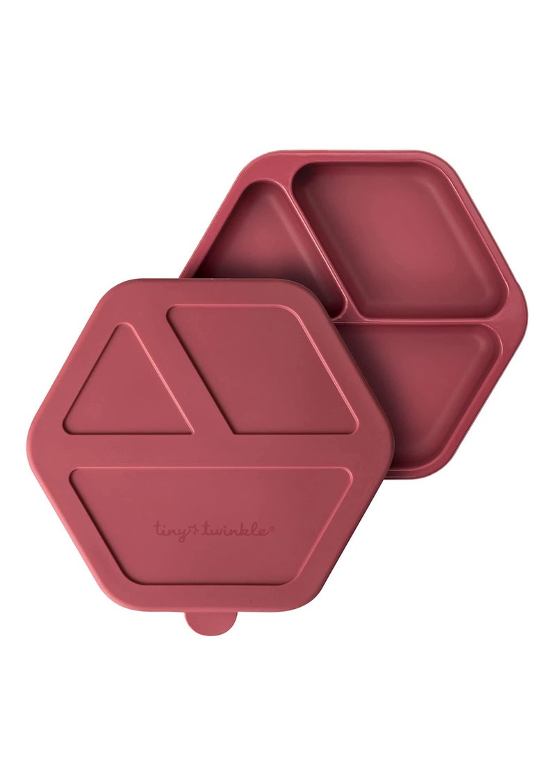 Tiny Twinkle Tiny Twinkle Silicone Suction Baby Plate Suction Grip Divided Dish for First Foods and SelfFeeding Toddlers Baby Led Weaning Supplies for Independent Eating Burgundy Plate with Lid 