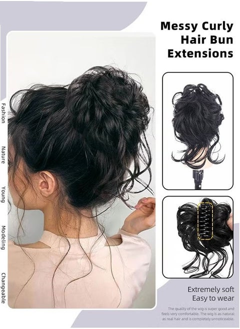 Messy Curly Hair Bun Extensions, Wavy Synthetic Chignon with High Elastic Claw, Hair Accessories Donut Roller Bun Wig for Women Updo Scrunchies, Natural Black
