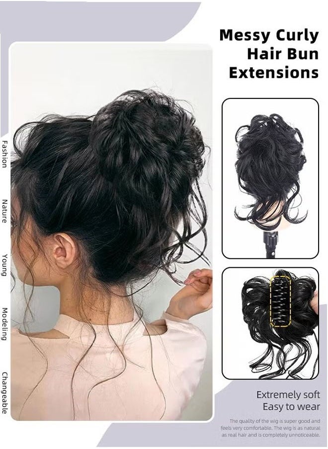 Messy Curly Hair Bun Extensions, Wavy Synthetic Chignon with High Elastic Claw, Hair Accessories Donut Roller Bun Wig for Women Updo Scrunchies, Natural Black