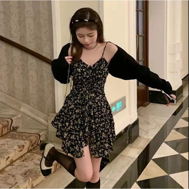 2024 Black Floral Dress Womens Asymmetrical Tea Party Black Coat]