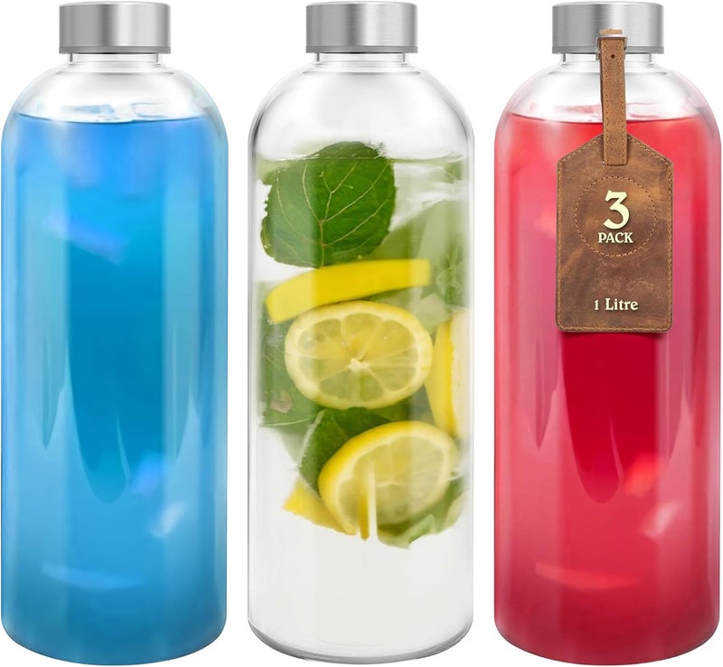 HOOJO ® 1L Glass Water Bottles – Set of 3 Reusable 32oz Bottles with Leakproof Stainless Steel Lids – Durable Clear Glass for Juice, Tea, Milk, Smoothies & Hot or Cold Beverages - Image 1