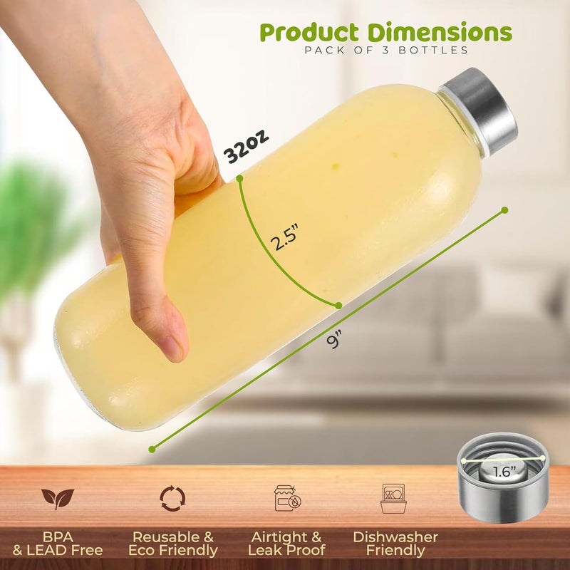 HOOJO ® 1L Glass Water Bottles – Set of 3 Reusable 32oz Bottles with Leakproof Stainless Steel Lids – Durable Clear Glass for Juice, Tea, Milk, Smoothies & Hot or Cold Beverages - Image 2