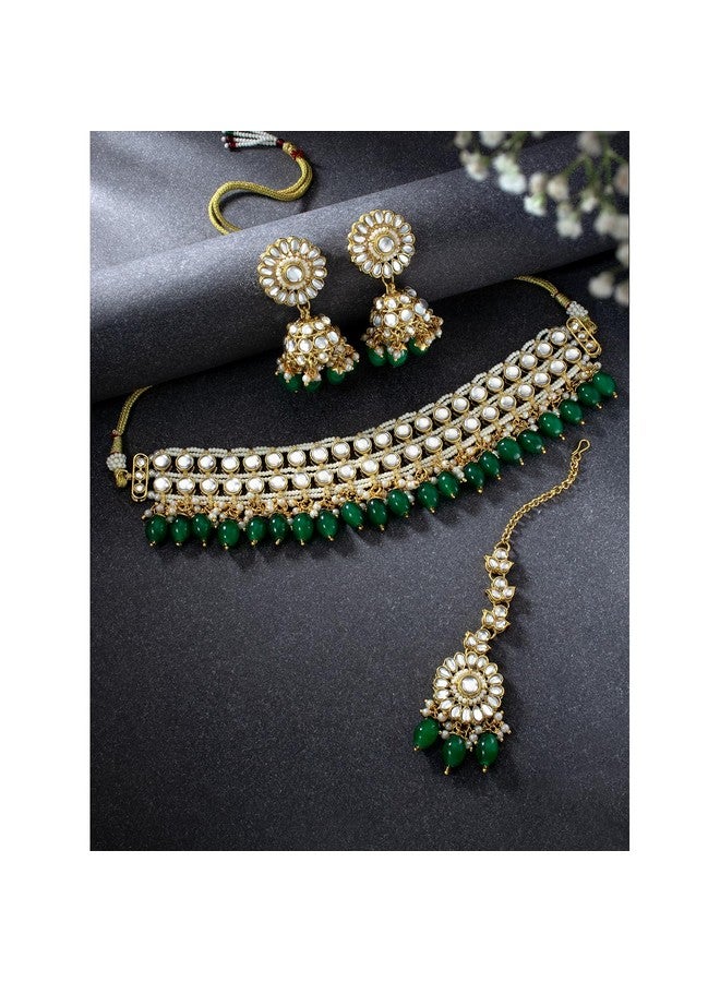 Peora Gold Plated Green Kundan Studded Choker Necklace Jhumki Earrings & Maang Tikka Ethnic Fashion Jewellery Set Gift for Women & Girls - Image 2