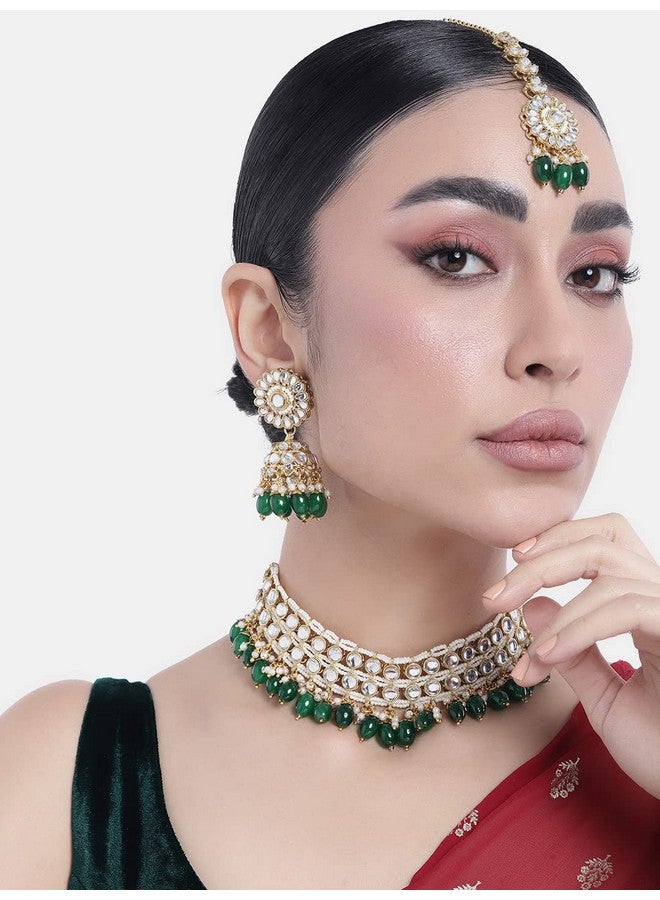 Peora Gold Plated Green Kundan Studded Choker Necklace Jhumki Earrings & Maang Tikka Ethnic Fashion Jewellery Set Gift for Women & Girls - Image 3