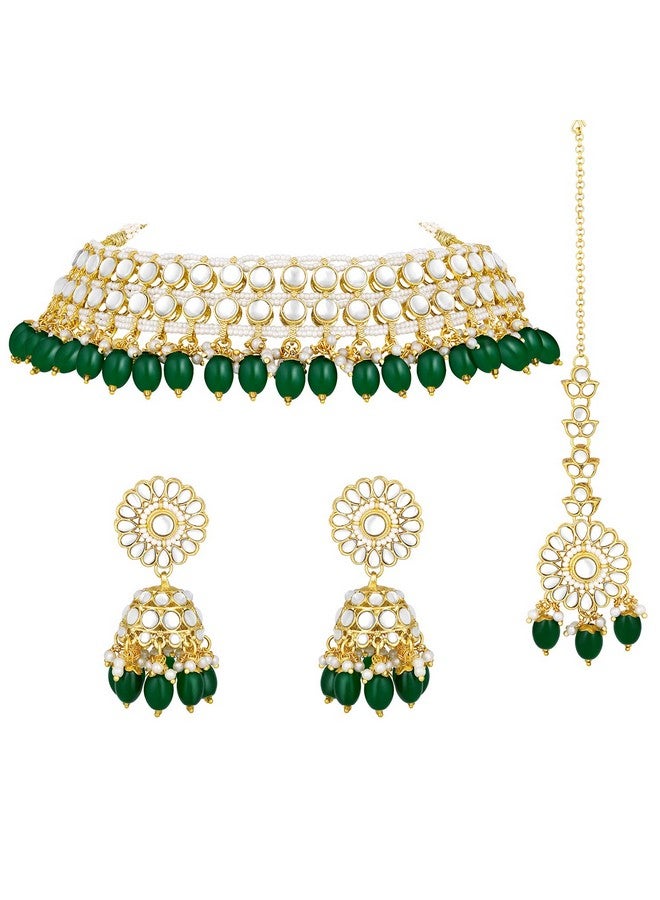 Peora Gold Plated Green Kundan Studded Choker Necklace Jhumki Earrings & Maang Tikka Ethnic Fashion Jewellery Set Gift for Women & Girls - Image 1