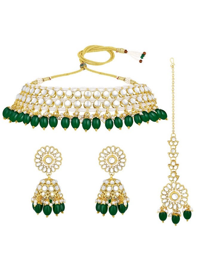 Peora Gold Plated Green Kundan Studded Choker Necklace Jhumki Earrings & Maang Tikka Ethnic Fashion Jewellery Set Gift for Women & Girls - Image 4