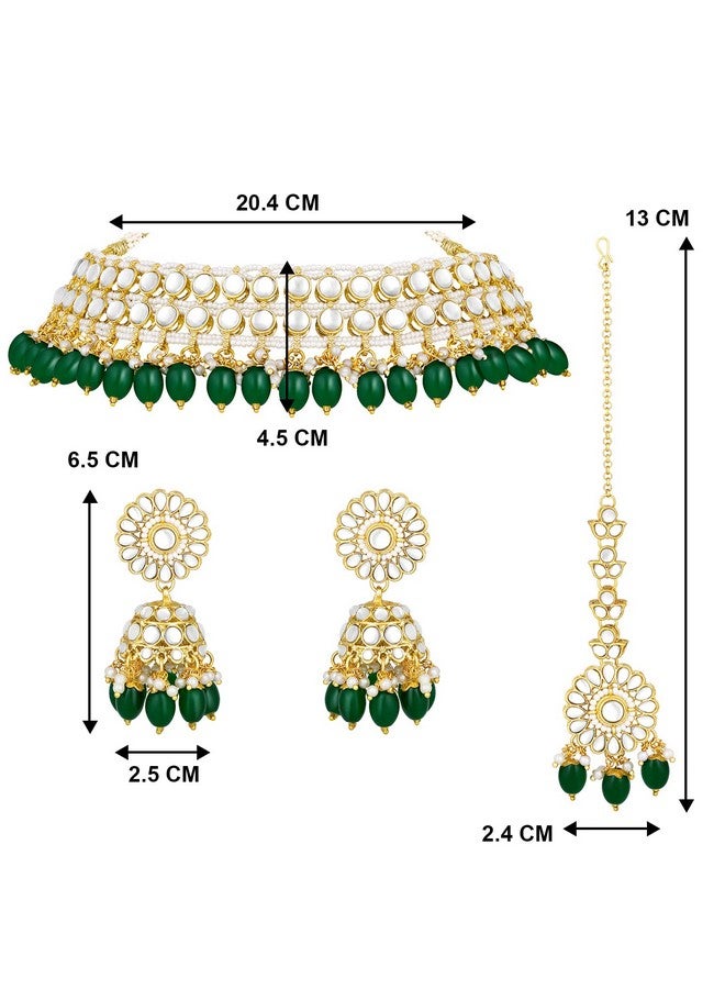 Peora Gold Plated Green Kundan Studded Choker Necklace Jhumki Earrings & Maang Tikka Ethnic Fashion Jewellery Set Gift for Women & Girls - Image 5