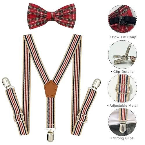BEWDIO Stripe Baby Suspenders and Bow Tie Set, Plaid Bowtie and Suspenders with 4 Strong Metal Clips (4-08-1) - Image 2