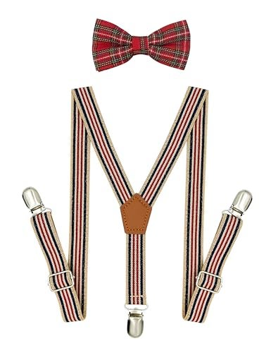 BEWDIO Stripe Baby Suspenders and Bow Tie Set, Plaid Bowtie and Suspenders with 4 Strong Metal Clips (4-08-1) - Image 1
