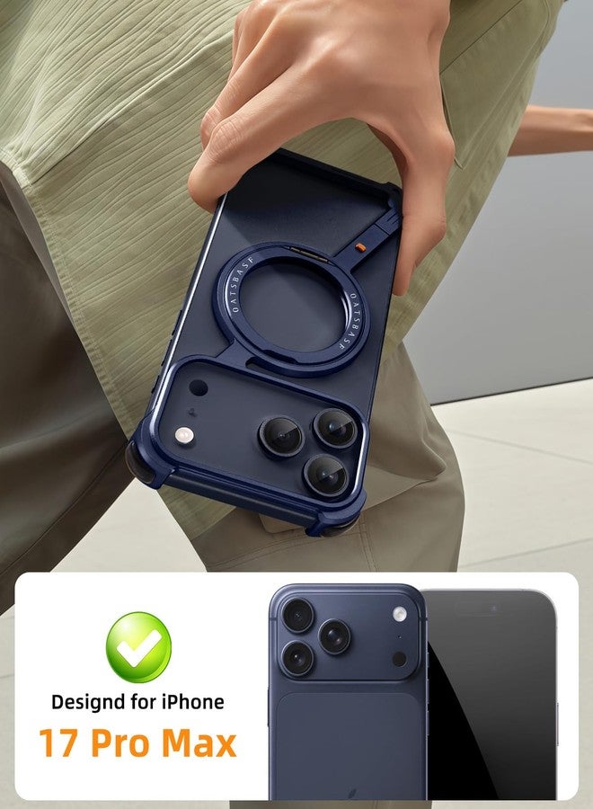 أوتس باسف جراب هاتف OATSBASF بتصميم بسيط لهاتف iPhone 17 Pro Max، مزود بحامل قابل للدوران 360 درجة، مصنوع من الألومنيوم المعدني، بتصميم بدون إطار، وغطاء واقٍ مقاوم للصدمات، باللون الأزرق. - Image 3
