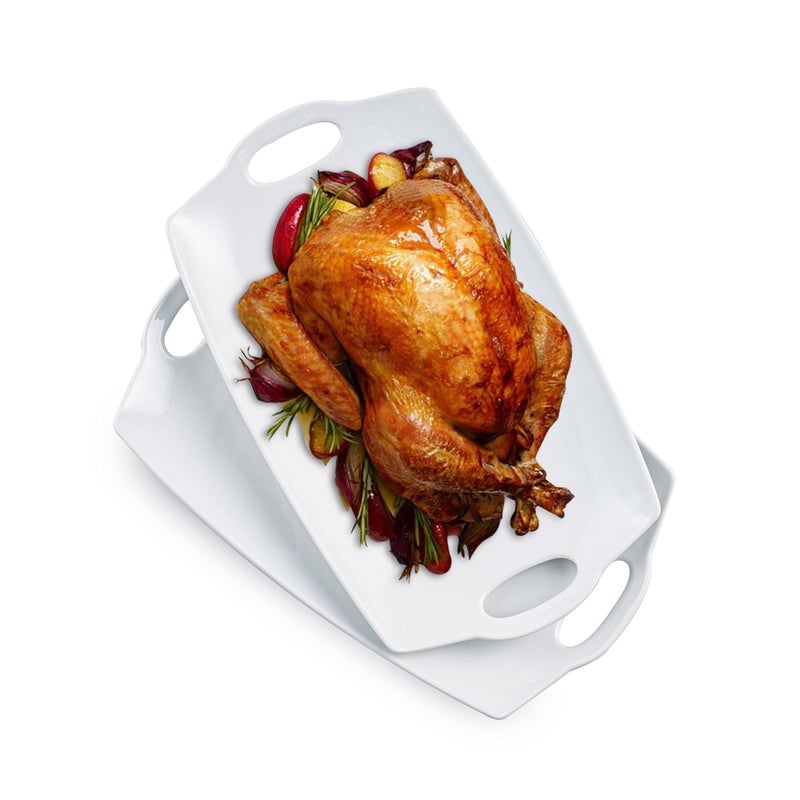 Turkey Serving Platter for Entertainment Serving Tray with Handles Large Party Display LYEOBOH 16 inch Rectangle Porcelain Platters Set of 2 White