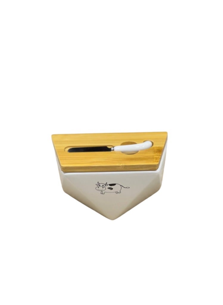 Butter container with natural bamboo wood lid and stainless steel spreading knife L  - Image 1