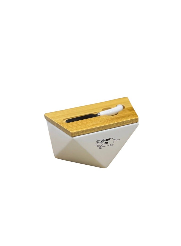 Butter container with natural bamboo wood lid and stainless steel spreading knife L  - Image 2