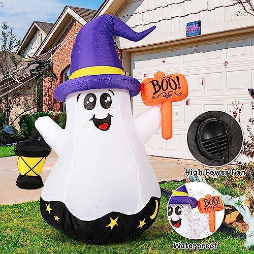 GOOSH 5 FT Halloween Inflatables Ghost Outdoor Decorations Blow Up Yard Cute Wizard Ghost with Hand-Held Light with Built-in LEDs for Garden Lawn Indoor Party Decor - Image 4