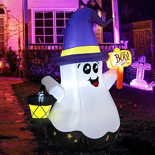 GOOSH 5 FT Halloween Inflatables Ghost Outdoor Decorations Blow Up Yard Cute Wizard Ghost with Hand-Held Light with Built-in LEDs for Garden Lawn Indoor Party Decor - Image 2