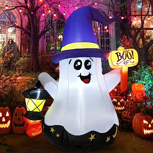 GOOSH 5 FT Halloween Inflatables Ghost Outdoor Decorations Blow Up Yard Cute Wizard Ghost with Hand-Held Light with Built-in LEDs for Garden Lawn Indoor Party Decor - Image 1