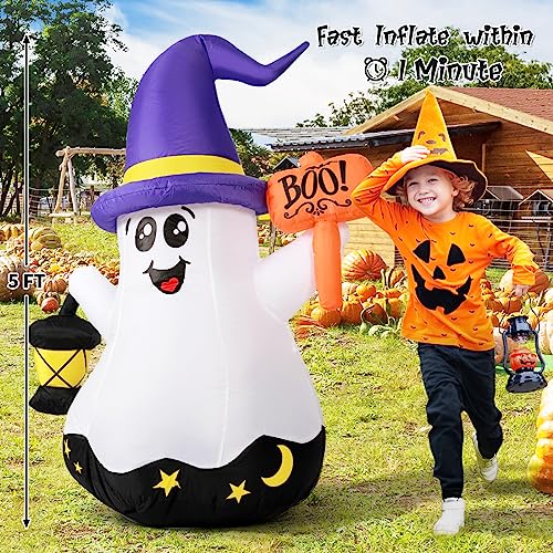 GOOSH 5 FT Halloween Inflatables Ghost Outdoor Decorations Blow Up Yard Cute Wizard Ghost with Hand-Held Light with Built-in LEDs for Garden Lawn Indoor Party Decor - Image 5