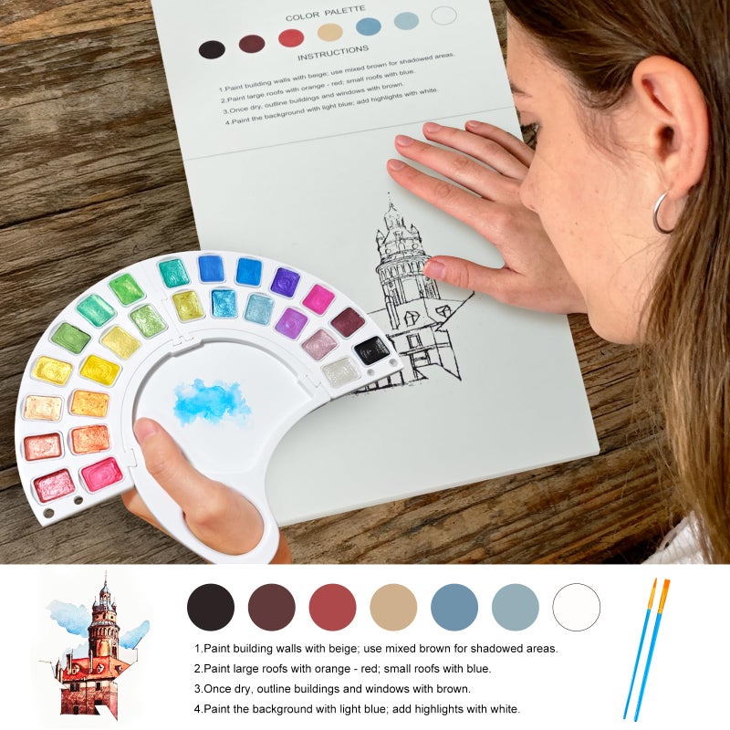 DPDPPL Watercolor Workbook & Water Coloring Book, 13 Pages 300GSM Paper, 26-Color Watercolor Paint Set with Brush & Storage Bag, Beginner-Friendly Coloring Book for Adults â€” Scenic Architecture Theme - Image 3