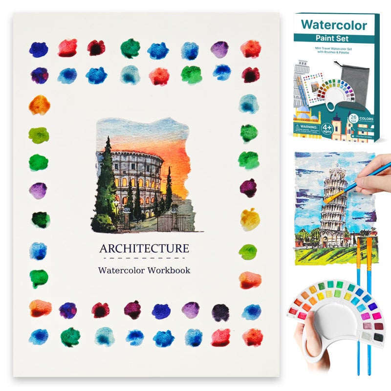 DPDPPL Watercolor Workbook & Water Coloring Book, 13 Pages 300GSM Paper, 26-Color Watercolor Paint Set with Brush & Storage Bag, Beginner-Friendly Coloring Book for Adults â€” Scenic Architecture Theme - Image 1