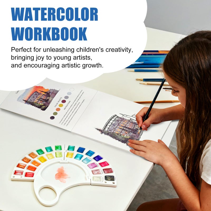 DPDPPL Watercolor Workbook & Water Coloring Book, 13 Pages 300GSM Paper, 26-Color Watercolor Paint Set with Brush & Storage Bag, Beginner-Friendly Coloring Book for Adults â€” Scenic Architecture Theme - Image 2