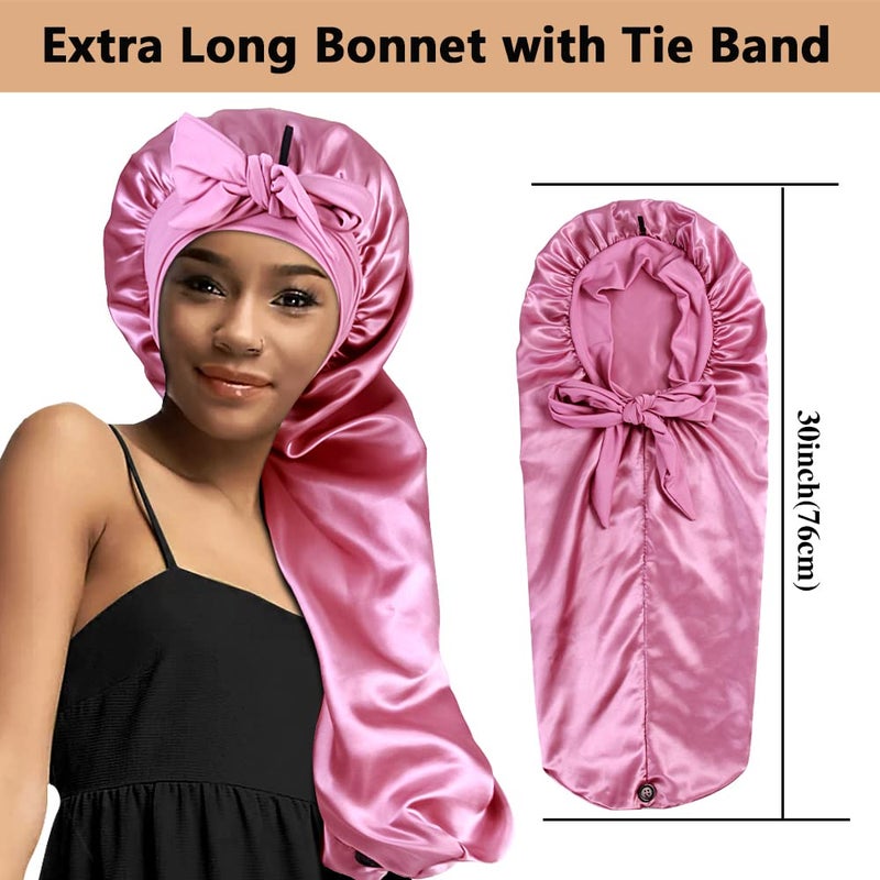 Heniho 2pcs Long Satin Bonnets with Tie Band, Large Braid Bonnet Silky Hair Cap for Locs Women Sleeping, G - Image 2
