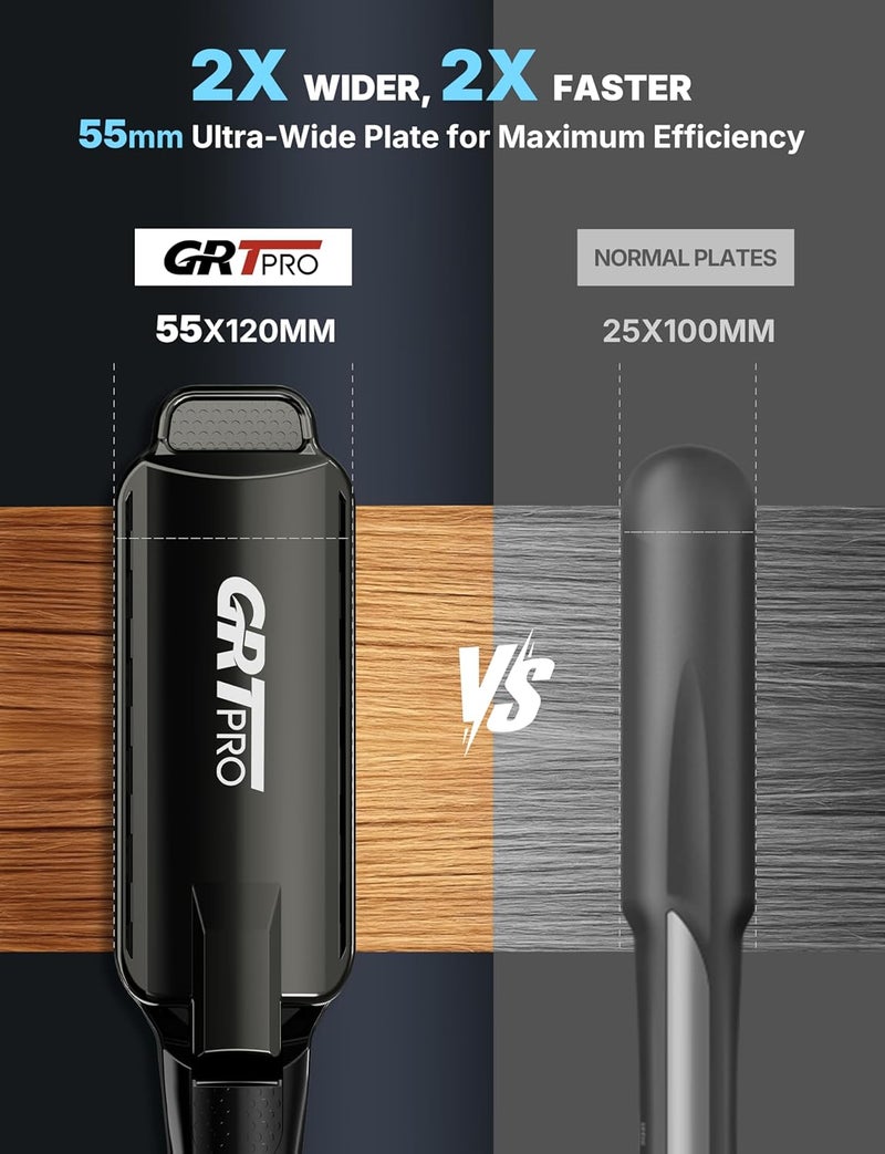 GRT PRO Professional Wide Hair Straightener & Styler Wide Plate 55mm Quick Easy Styling, Floating Plates Ionic Anti-Frizz Ceramic Coating 30s Rapid Heating, Digital Display 19 Settings 50°C~230°C Thick Hairs - Image 2