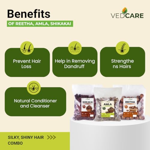 Vedcare Whole Dried Amla, Reetha, Shikakai Raw Form for Hair Growth, Anti-Dandruff & Hair Fall Control | Natural Herbal Hair Cleanser | DIY Shampoo Combo (200 g (Pack of 3)) - Image 2