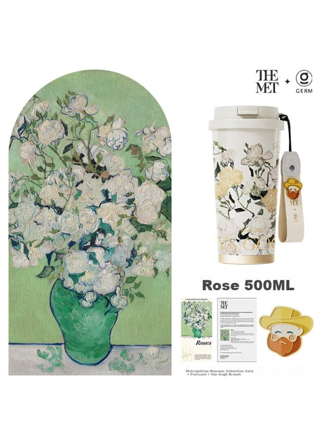 Germ Van Gogh Co-branded Dual-use Insulated Cup With Straw, Large Capacity Water Bottle For Students Gift Cup, 500ml Rose - Image 1