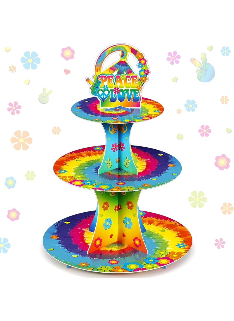 Nuenen 3 Tier 60s Hippie Theme Party Decorations 60s Groovy Cupcake Stand Peace Sign Decorations Cupcake Holder Tie Dye Peace and Love Dessert Tower for 60s 70s Hippie Carnival Birthday Party Supplies  - Image 1