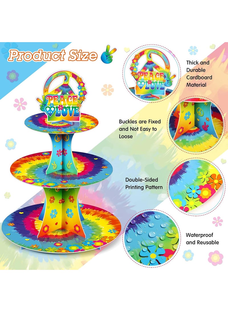 Nuenen 3 Tier 60s Hippie Theme Party Decorations 60s Groovy Cupcake Stand Peace Sign Decorations Cupcake Holder Tie Dye Peace and Love Dessert Tower for 60s 70s Hippie Carnival Birthday Party Supplies  - Image 3