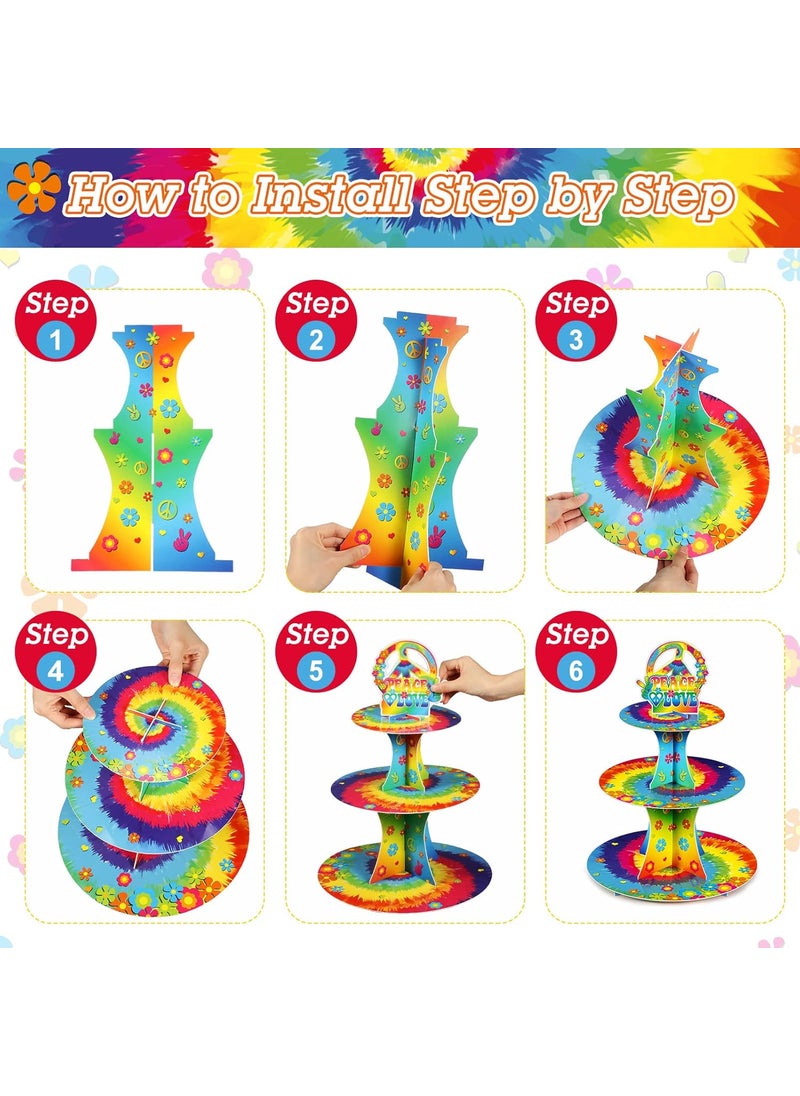 Nuenen 3 Tier 60s Hippie Theme Party Decorations 60s Groovy Cupcake Stand Peace Sign Decorations Cupcake Holder Tie Dye Peace and Love Dessert Tower for 60s 70s Hippie Carnival Birthday Party Supplies  - Image 4