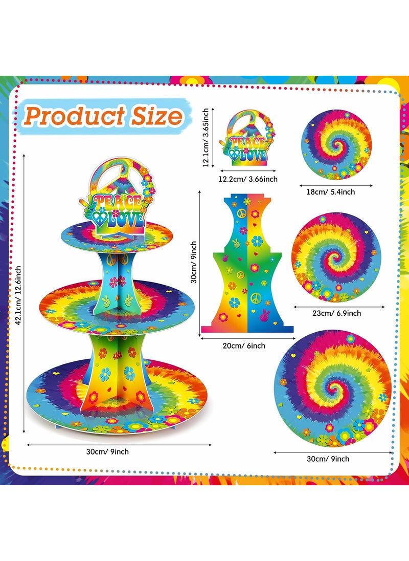 Nuenen 3 Tier 60s Hippie Theme Party Decorations 60s Groovy Cupcake Stand Peace Sign Decorations Cupcake Holder Tie Dye Peace and Love Dessert Tower for 60s 70s Hippie Carnival Birthday Party Supplies  - Image 2