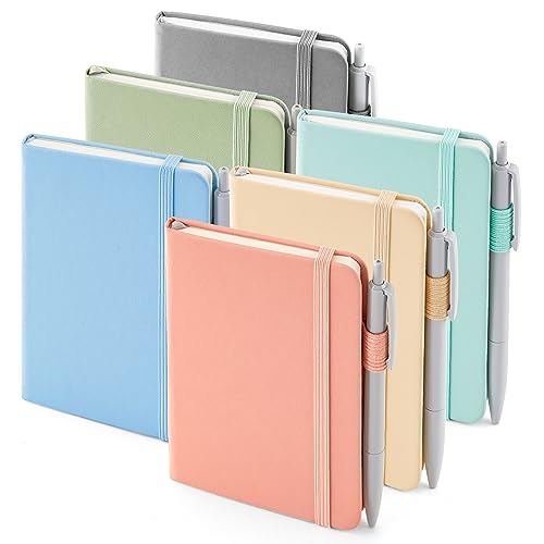 feela 6 Pack Pocket Small Notebooks Bulk, Mini Cute Memo Notepads Hardcover College Ruled Lined Journals with Pen Holder for Women Girls Office School, with 6 Black Pens, 3.5”x 5.5”, A6, Mild Colors - Image 1