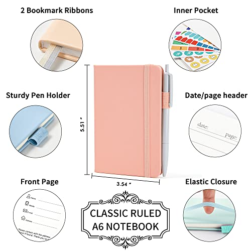 feela 6 Pack Pocket Small Notebooks Bulk, Mini Cute Memo Notepads Hardcover College Ruled Lined Journals with Pen Holder for Women Girls Office School, with 6 Black Pens, 3.5”x 5.5”, A6, Mild Colors - Image 2