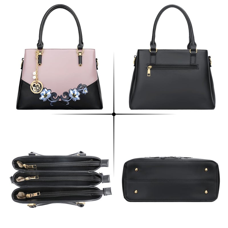 KKXIU 3 Zippered Compartments Purses and Handbags for Women Top Handle Satchel Shoulder Ladies Bags (D-Black Purple Flower) - Image 4