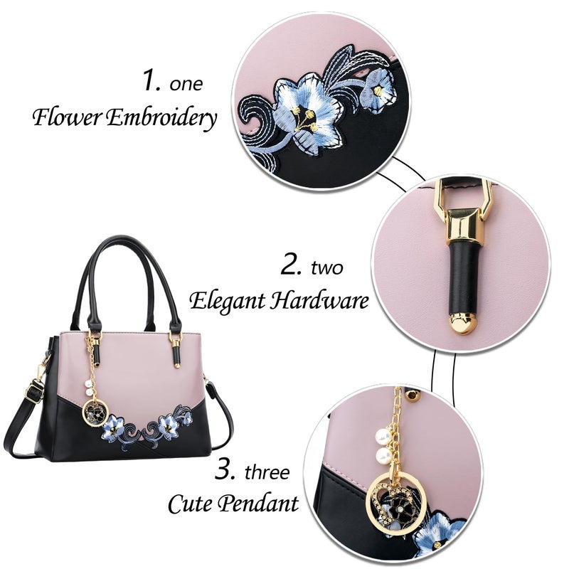 KKXIU 3 Zippered Compartments Purses and Handbags for Women Top Handle Satchel Shoulder Ladies Bags (D-Black Purple Flower) - Image 3