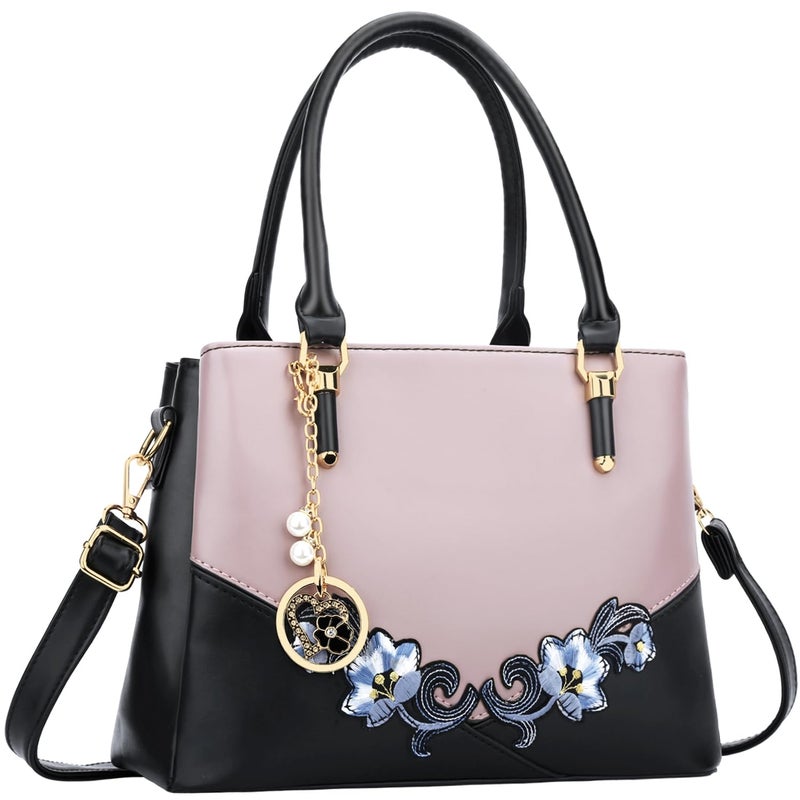 KKXIU 3 Zippered Compartments Purses and Handbags for Women Top Handle Satchel Shoulder Ladies Bags (D-Black Purple Flower) - Image 1