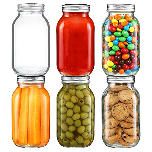 YEBODA 32 oz Mason Jars Canning Jars with Airtight Lids and Bands 6 Pack Ideal for Preserving, Meal Prep, Overnight Oats, Jam, Jelly, Jams, Spice, Sauces, Salads, Yogurt, Wedding Favors - Image 1