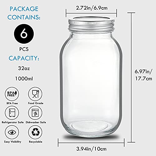 YEBODA 32 oz Mason Jars Canning Jars with Airtight Lids and Bands 6 Pack Ideal for Preserving, Meal Prep, Overnight Oats, Jam, Jelly, Jams, Spice, Sauces, Salads, Yogurt, Wedding Favors - Image 3